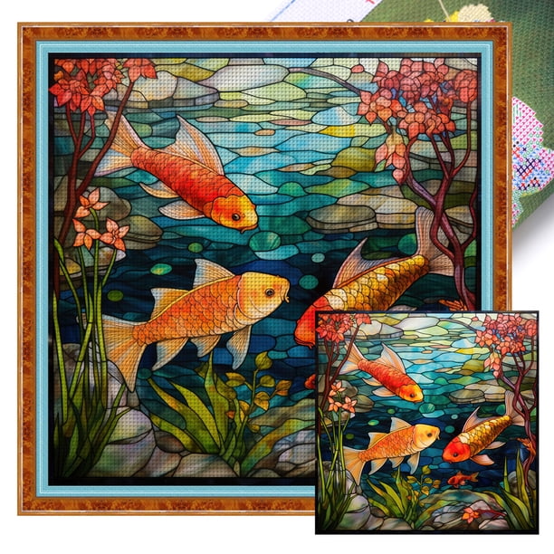 Hilo Algodón Bordado Punto Cruz Vidrieras 11CT Pez Dorado 50x50cm