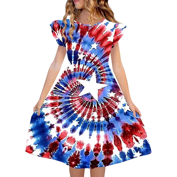 Odeerbi Kids Teen Girls Independence Day A-Line Ruffled Dress Summer Patriotic Star Stripe Round Neck Casual Dress with Pockets