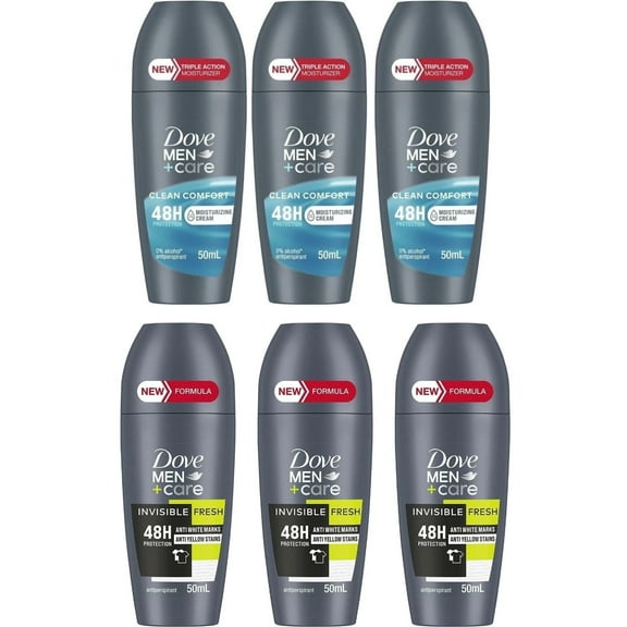 Dove Men Clean Comfort/Invisible Dry Deodorant Roll On Variety 6pk Travel/Trial Size 50 ml