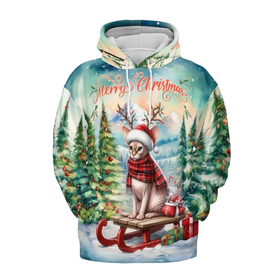 Merry Christmas Santa Reindeer Antlers Sphynx Sleigh Xmas Winter Holiday All Over Print 3D Hoodie Unisex Merch Hoodies Cat Lover Kitten Owner Gifts Idea - 00023