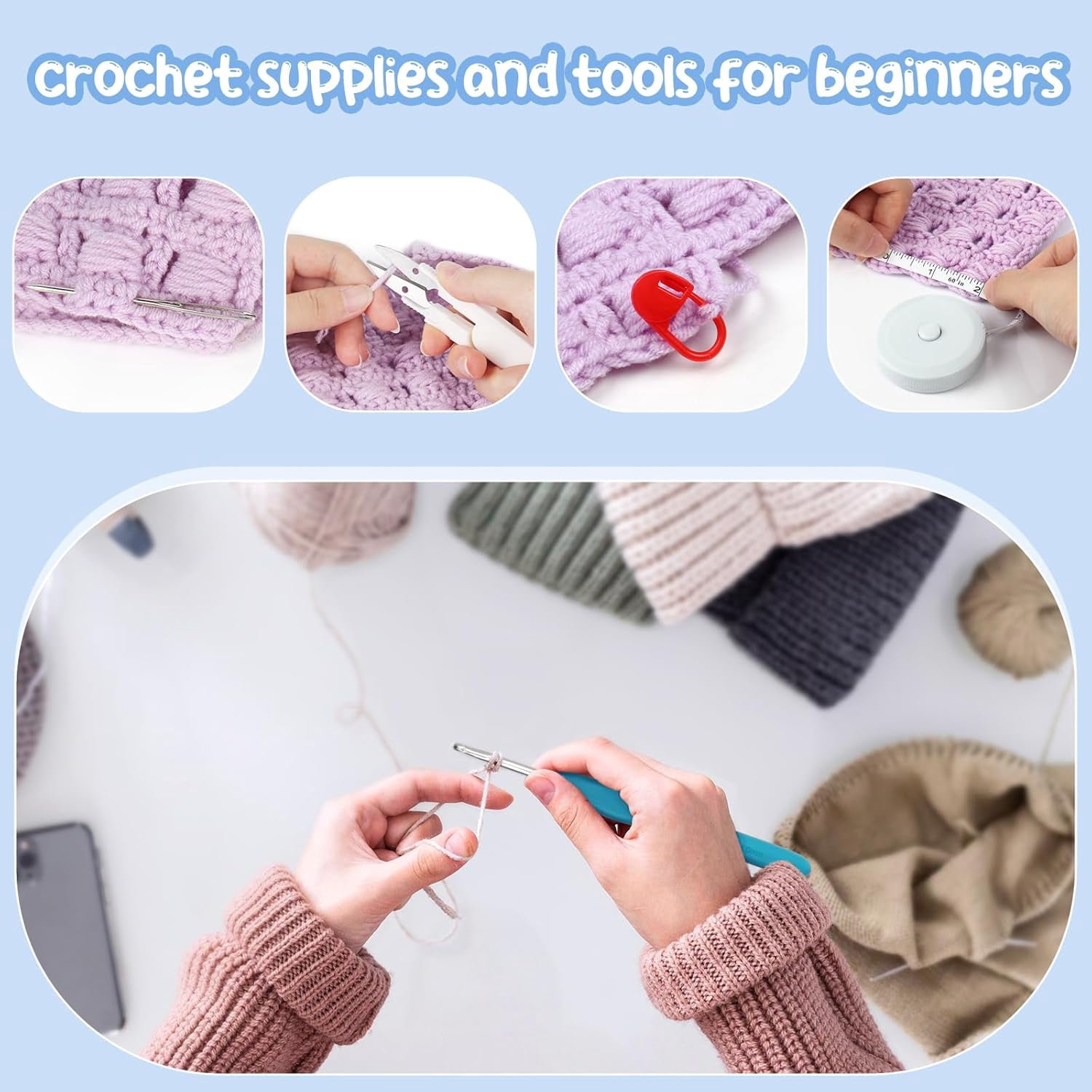 Mikhai Crochet Kit for Beginners with Yarn and Introduction Book, Crochet Starter Kit Everything for Ages 8-12, Learn to Crochet Kit with Ergonomic Soft Grip Crochet Hooks and Blue Flower Bag