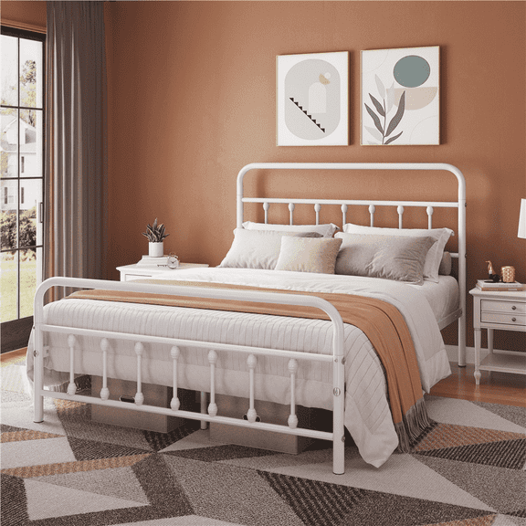 Topeakmart Metal Platform Bed with High Headboard and Footboard, White, Queen