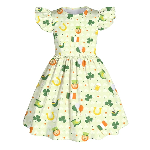 XAOFW Girl's Dresses St. Patrick'S Day Print Flutter Sleeve Crewneck Pleated Dress Dance Party Comfortable Stylish Sundress