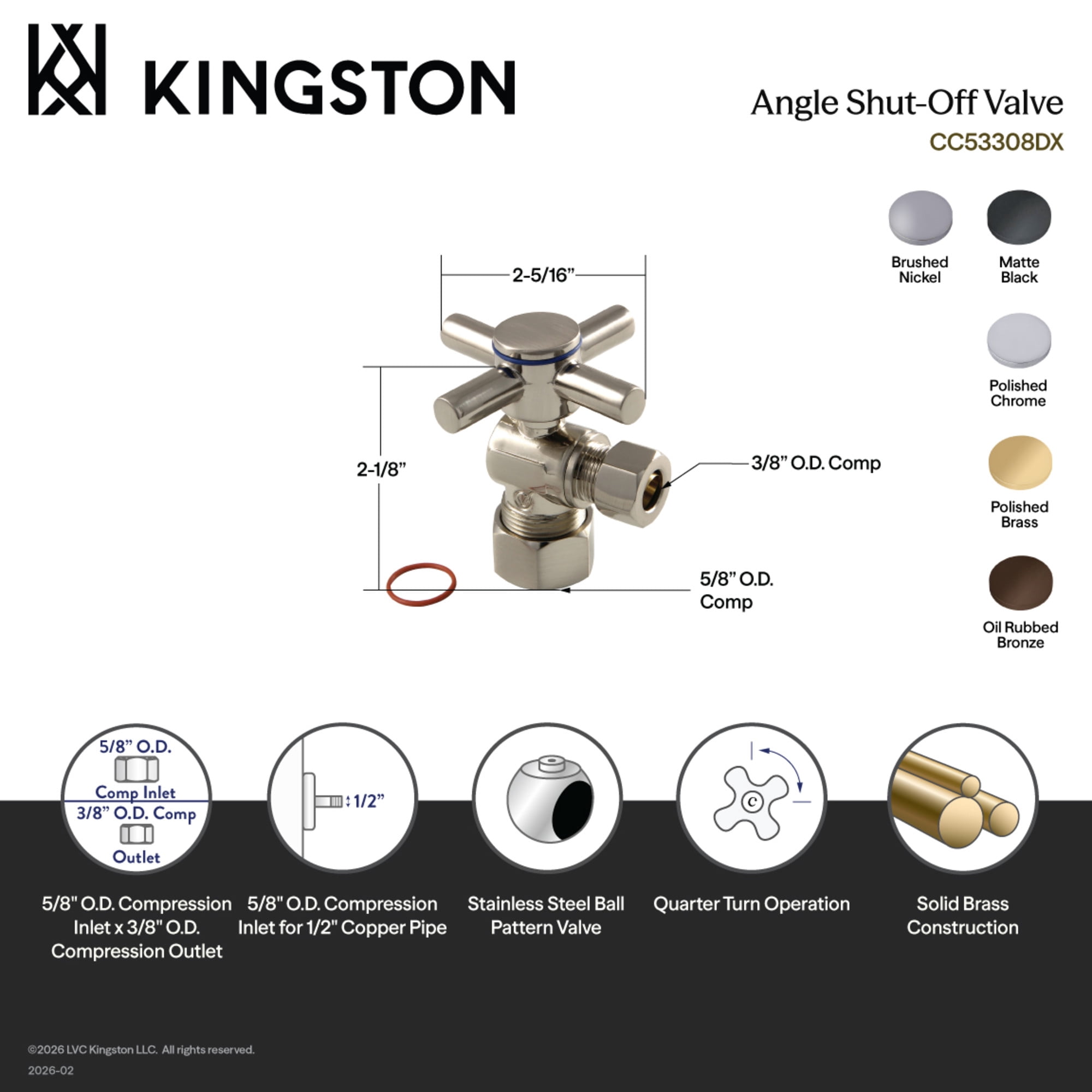 Kingston Brass CC53300DX 5/8-Inch O.D. Comp x 3/8-Inch O.D. Comp Quarter-Turn Angle Shut-Off Valve in Matte Black