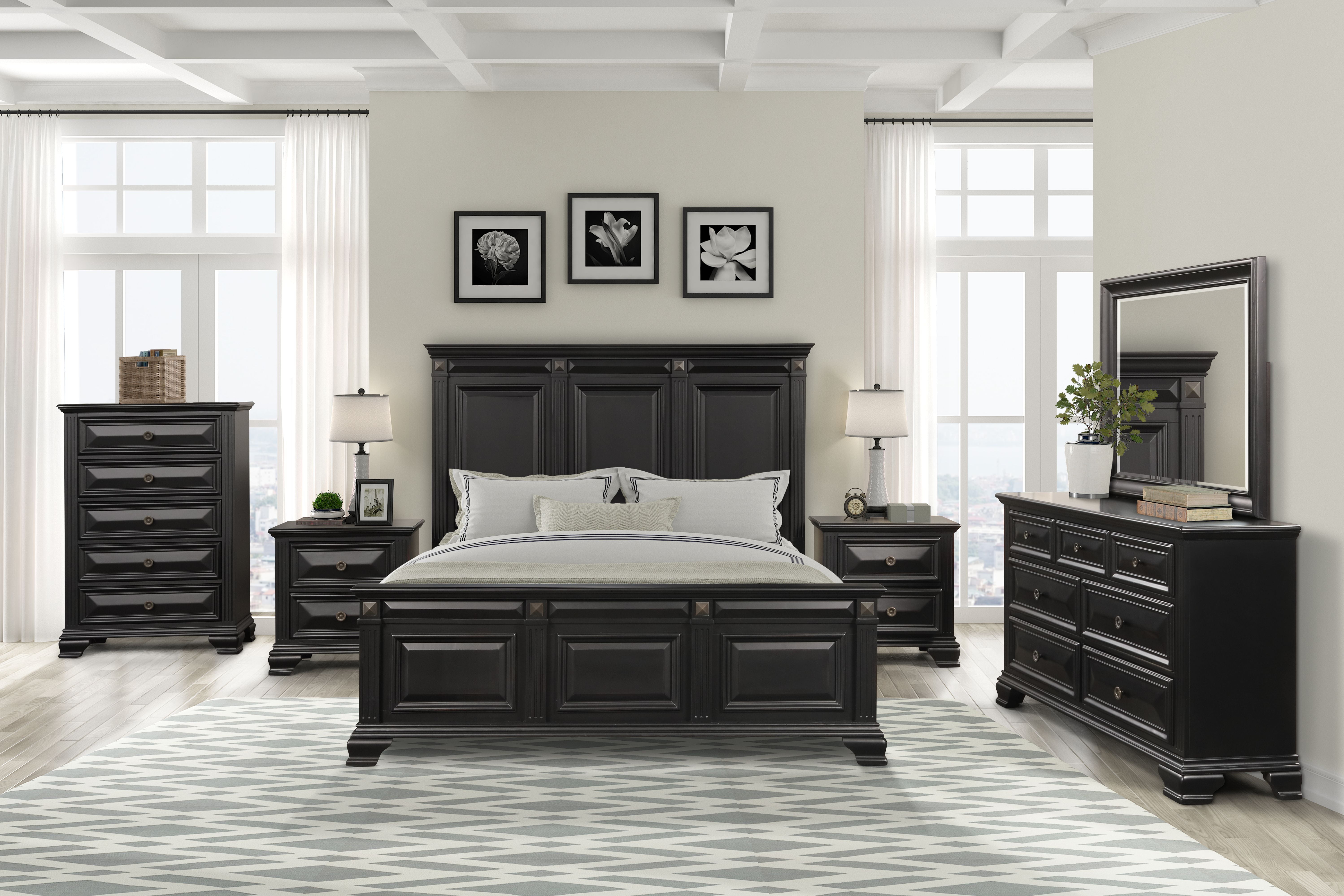 Renova Vintage Black Wood Bedroom Set, King Panel Bed, Dresser, Mirror, Two Nightstands, Chest
