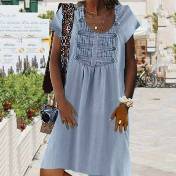 Ichuanyi Women's Button V-neck Medium Length Denim Short Sleeve Dress