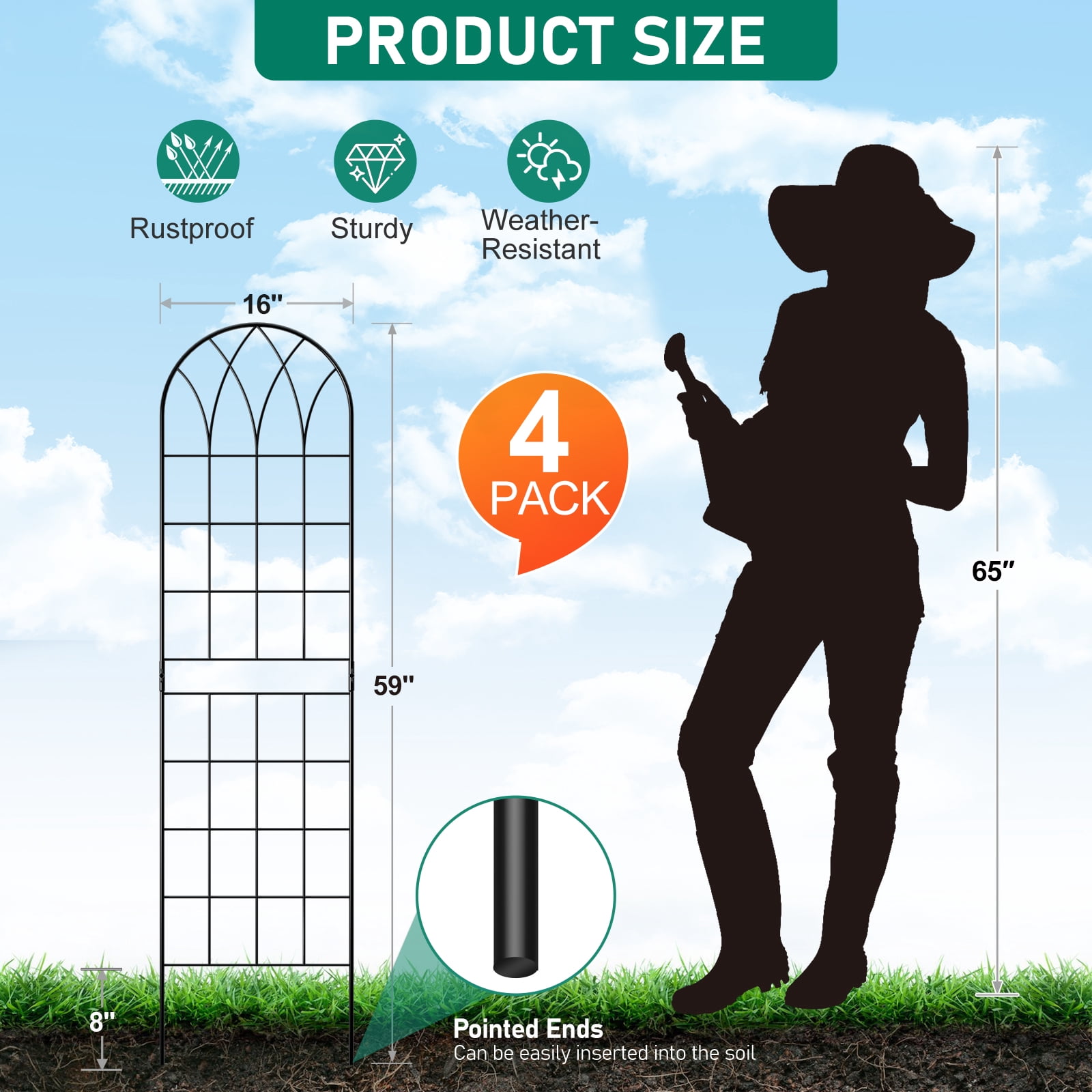 4 Pack Black Garden Trellis for Climbing Plants 60" x 16" Iron Plant Trellis for Potted Plant Support Tall Wall Metal Trellis for Climbing Vegetable Flower Rose Vine Cucumber
