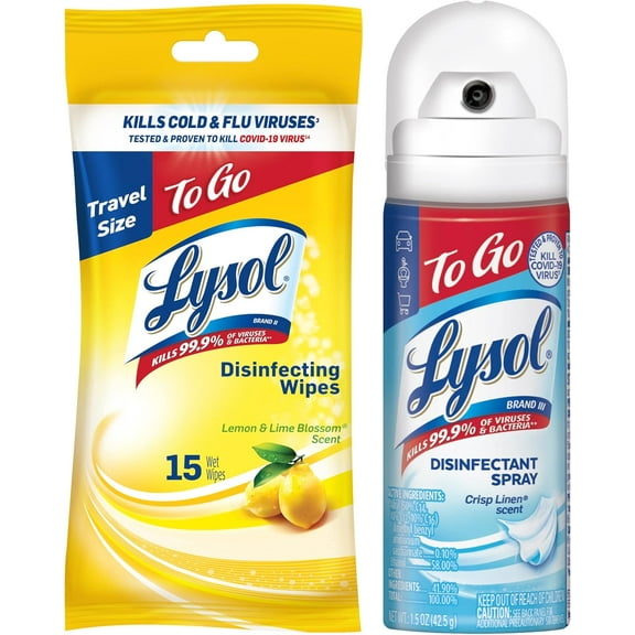 Lysol To Go Bundle - 1.5 Ounce Crisp Linen Disinfectant Spray and Lemon Lime Disinfecting Wipes Flat Pack