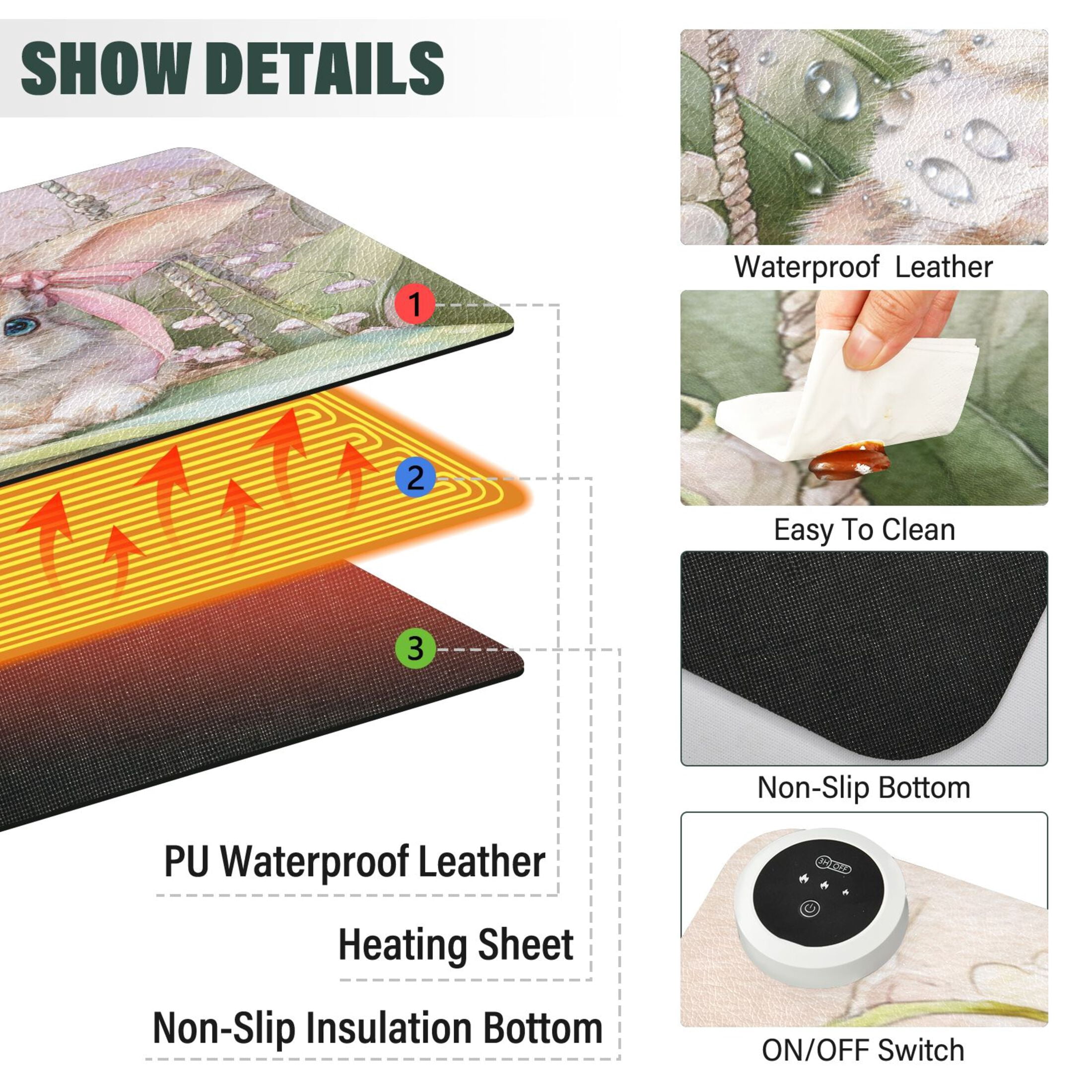 Large Heated Desk Mat Mouse Pad 31.5"x13"PU Leather Graphene Heating Desk Warmer with 3 Temperature Settings 110V US Plug Non-Slip Warm Pad for Home, Office, and Gaming Pink Bow Bunny Art