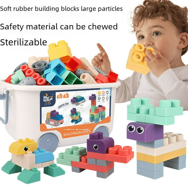 Bloques de construcción de partículas grandes para bebés, juguetes para morder ensamblados de bricolaje, bloques de construcción de goma suave, juguetes educativos para bebés