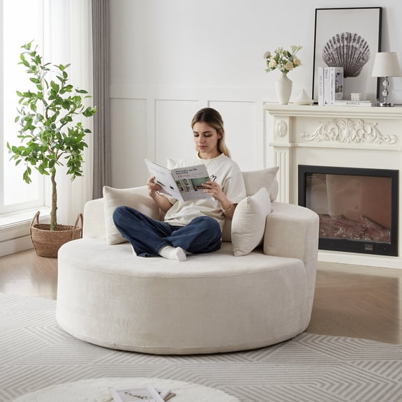 55''Oversized Round Boneless Lounge Chaise Chair Indoor,Corduroy Deep Seat Cloud Couch Sleeper Sofa Bed with 3 Pillows,No Assembly Modern Accent Chair for Living Room