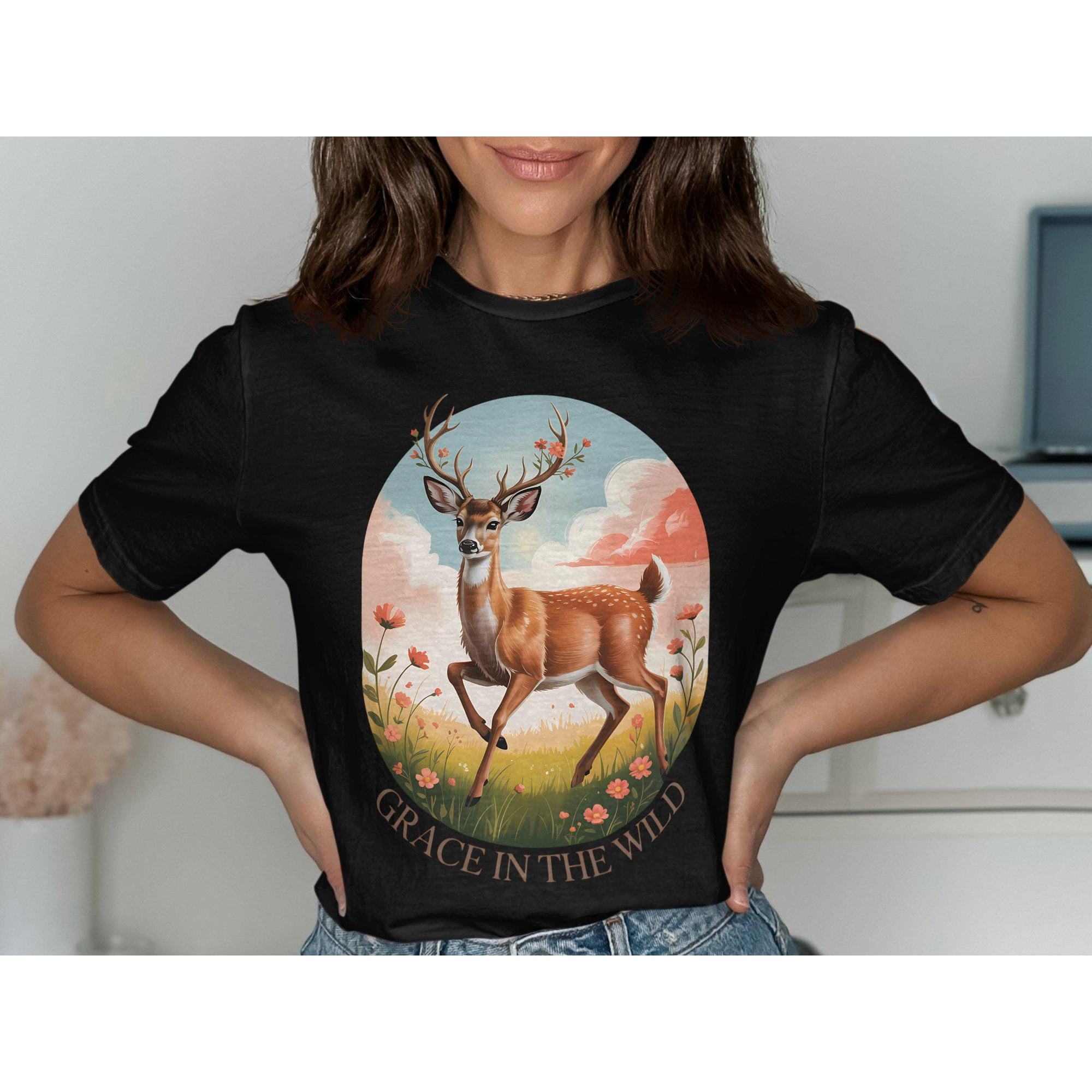 Grace in The Wild Deer TShirt Nature Lovers Gift Beautiful Wildlife Shirt Animal Art Tee Outdoors Enthusiast Clothing Gift