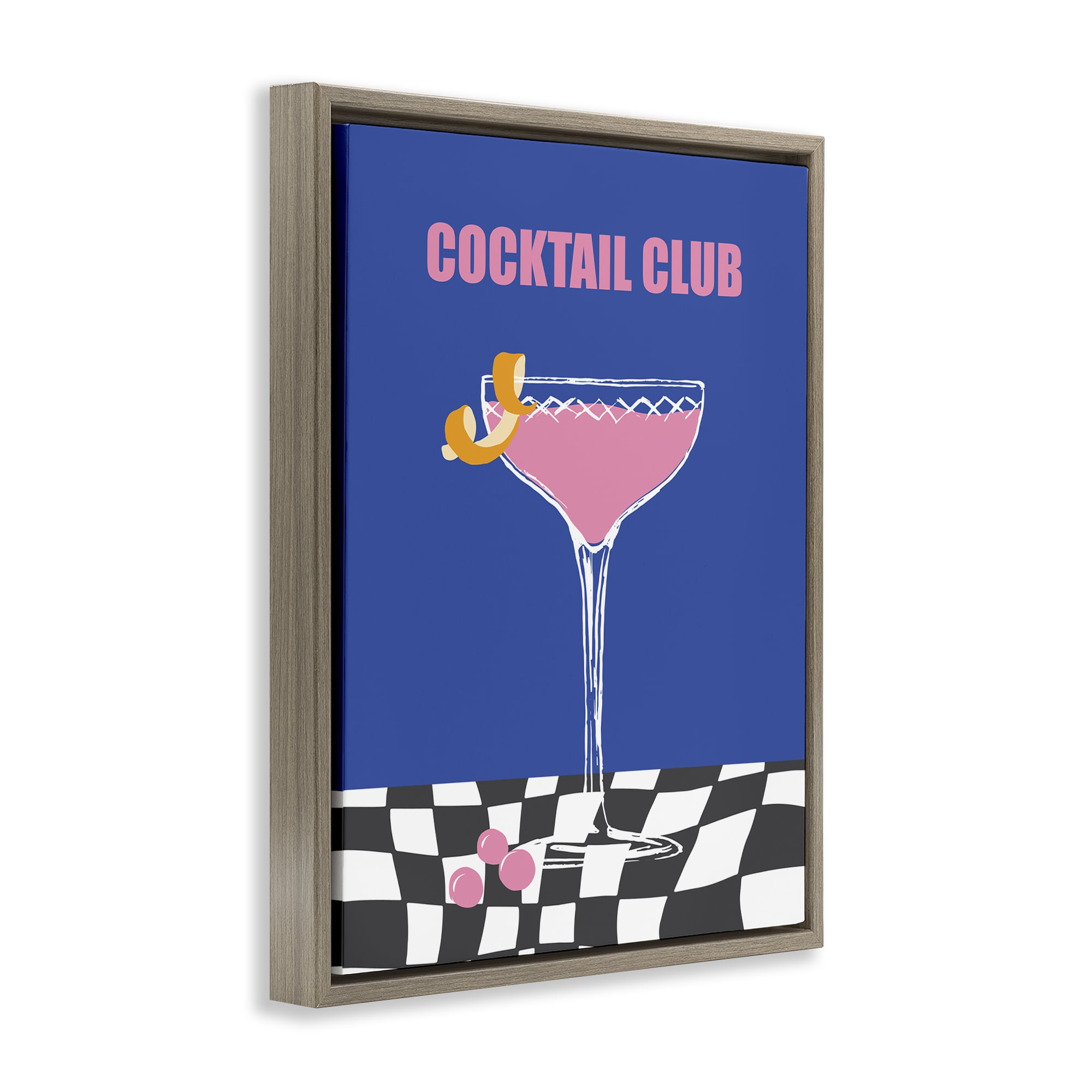Stupell Industries Cocktail Club on Checkered Food & Beverage Painting Brown Floater Framed Canvas Art Print Wall Art, 25 x 31