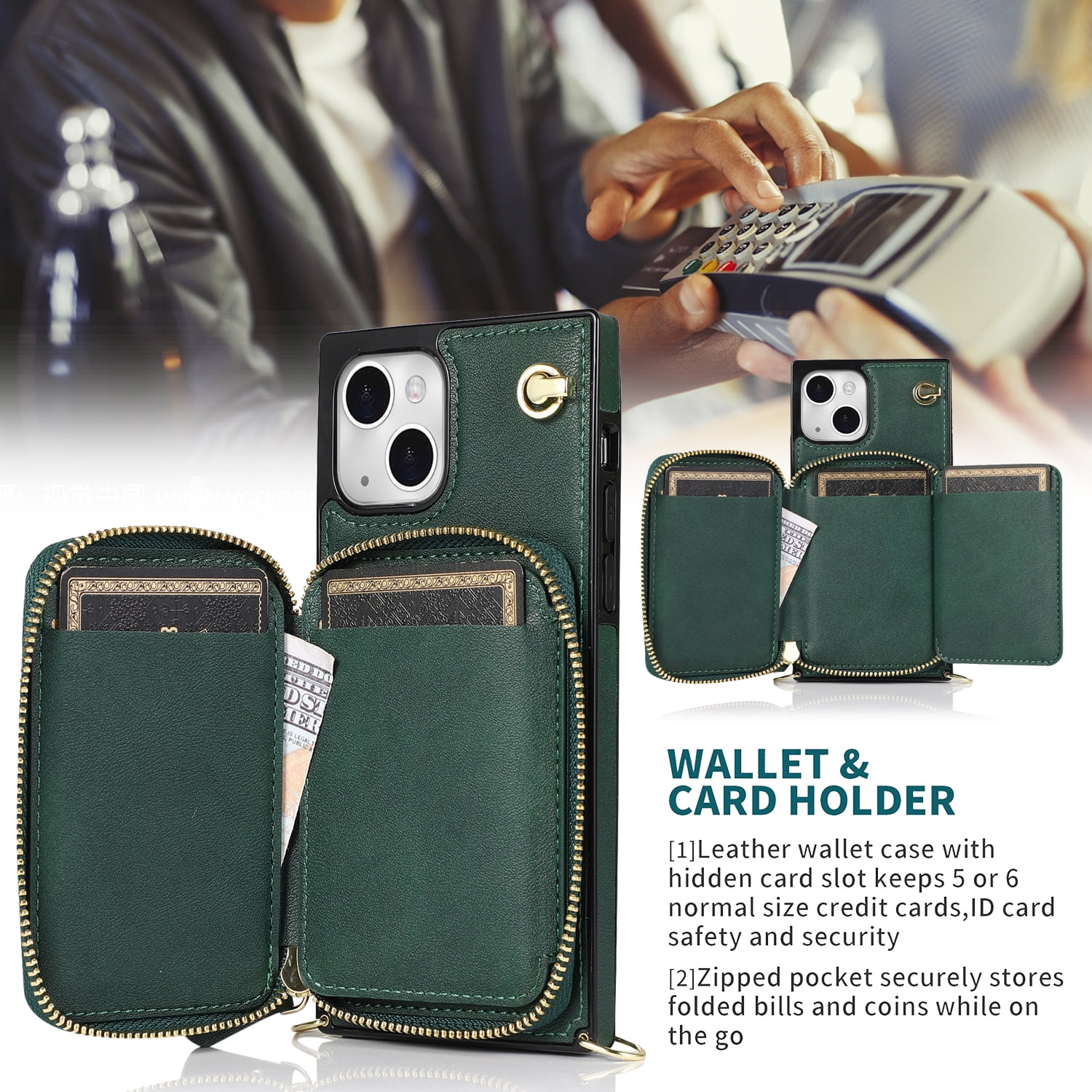 TECH CIRCLE For iPhone 12 Mini Wallet Case,Card Holder Phone Case for Women, Zipper PU Leather Purse Kickstand Folio Flip Case with Crossbody Strap for Apple iPhone 12 mini 5.4" 2020,Darkgreen