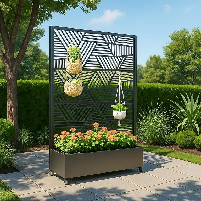 72" H x 47" W Outdoor Privacy Screen with Planter Box  3-Panel Metal  Garden Trellis for Climbing Plants, Vegetables & Vines  Decorative  Partition ...