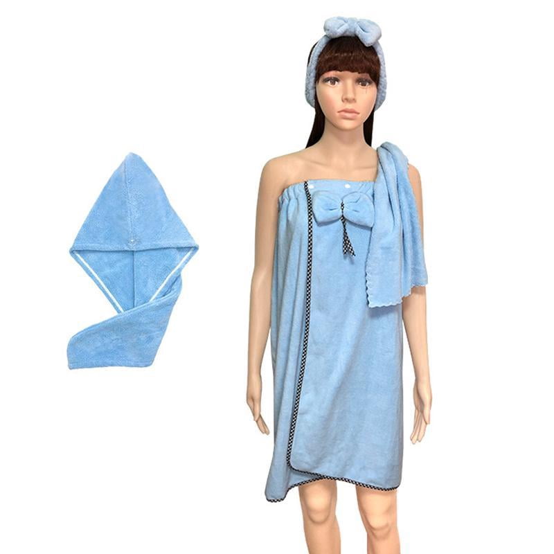 Yammee 4Pcs/Set Women Wearable Bath Wrap with Towel Headband Hair Dry Cap Bow Bathrobe