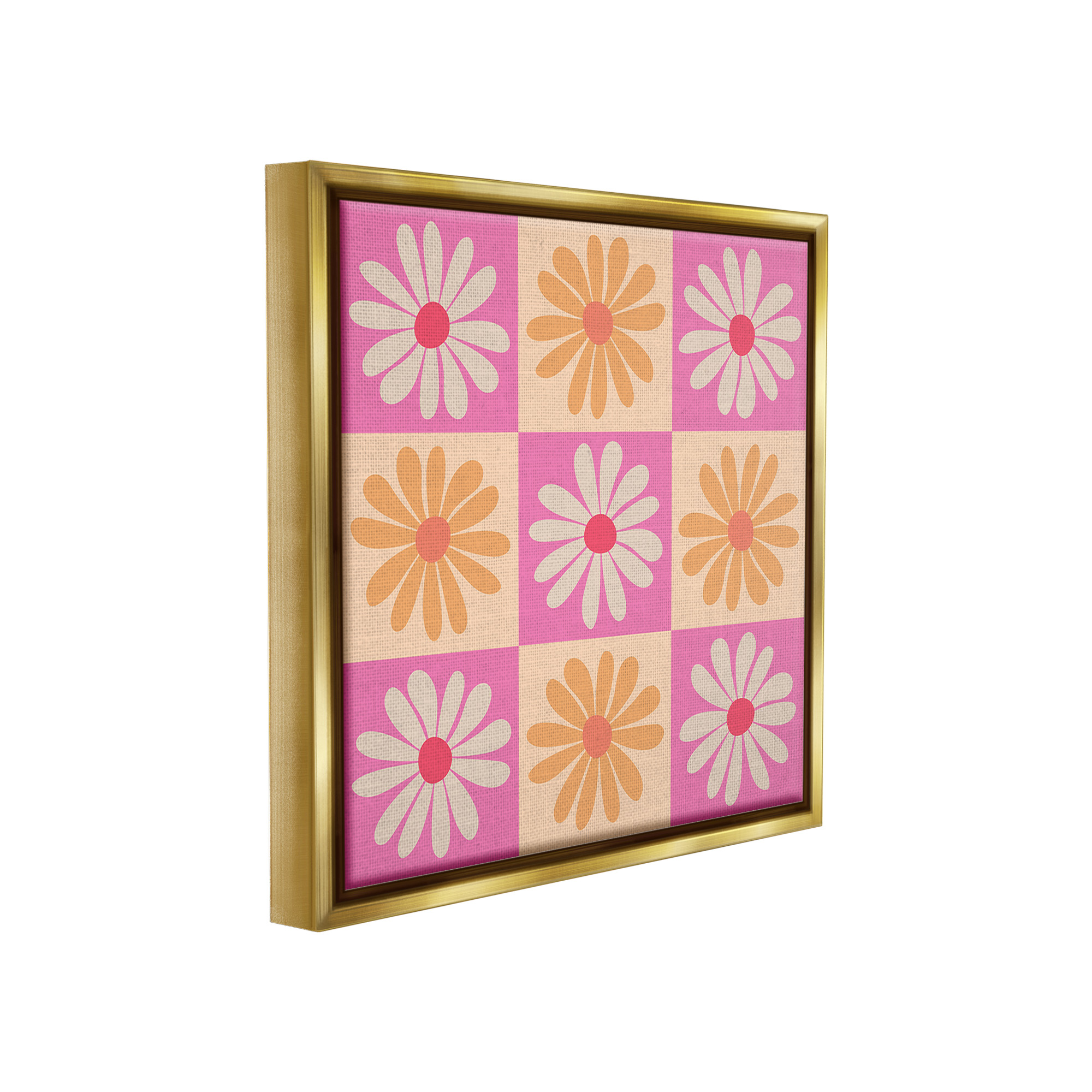 Stupell Industries Checkered Flower Pattern Botanical & Floral Painting Gold Floater Framed Canvas Art Print Wall Art, 18 x 18