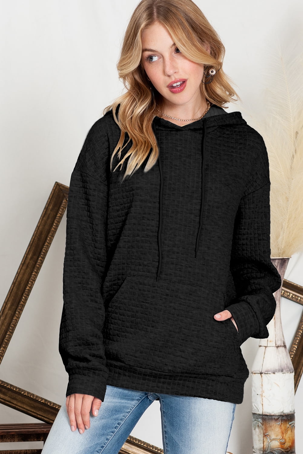 Eytino Womens Hoodies Oversized Hoodies Sweatshirts Waffle Knit V Neck Hoodie Pullover Casual Long Sleeve Hooded Tops with Pocket Black S