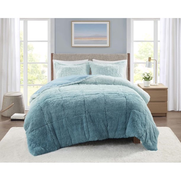 Mainstays Shaggy Faux Fur 3 Piece Teal Comforter Bed Set, Comforter and