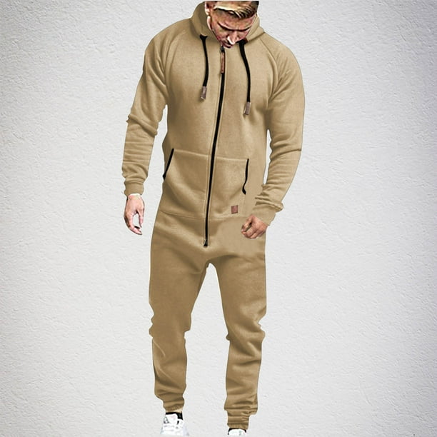 Mono de hombre de moda de color sólido con capucha, cremallera larga, bolsillo, mono informal, pantalones, pijama de poliéster para hombre
