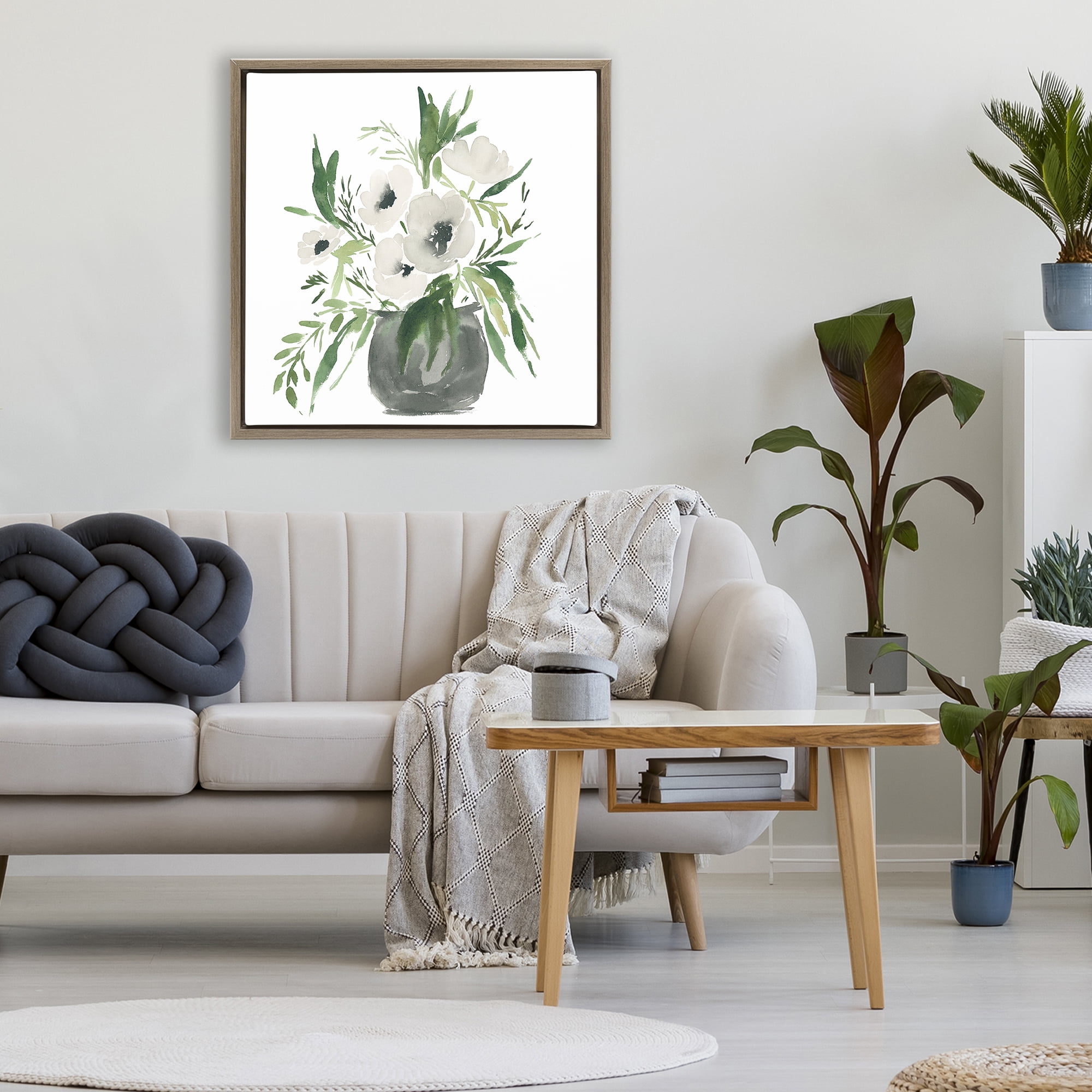 Stupell Industries Rounded White Anemones Brown Framed Floater Canvas Wall Art, design by Lucille Price