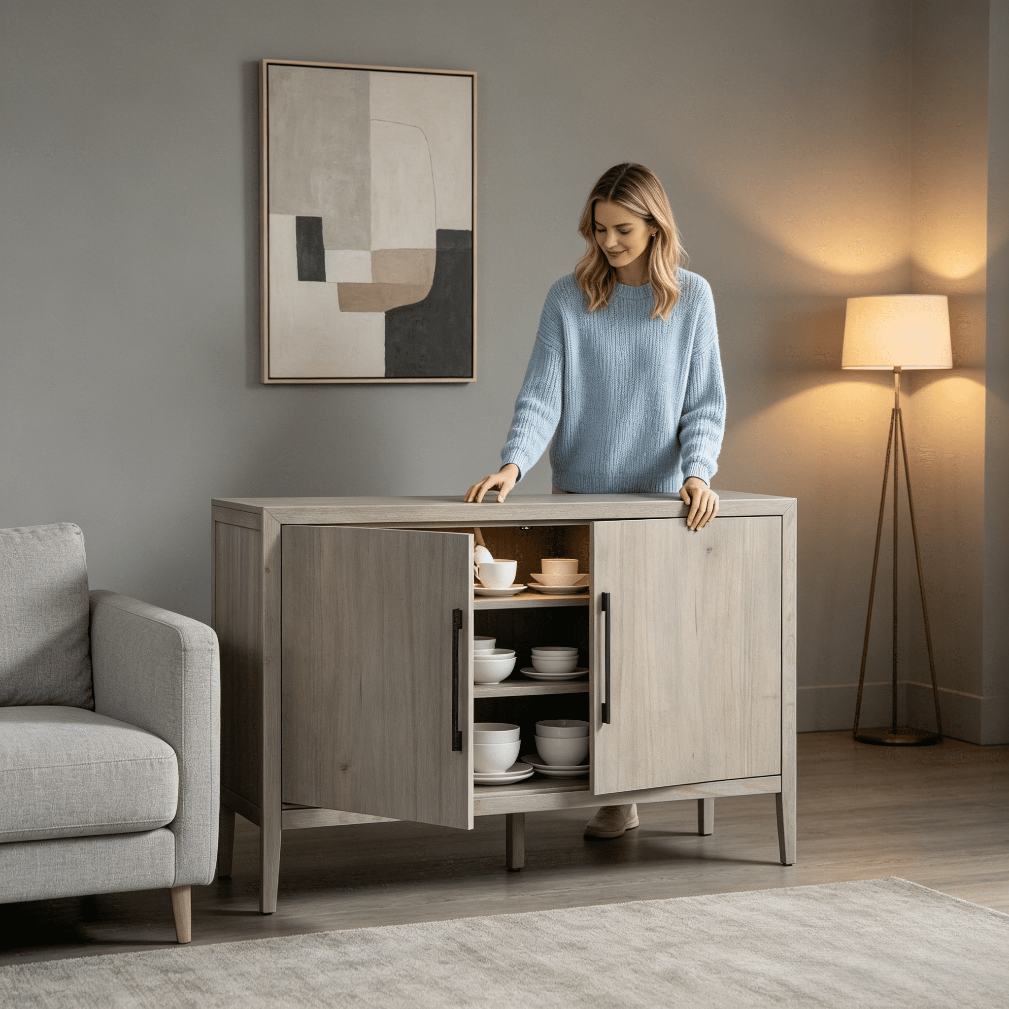 47.25" Farmhouse Sideboard with Pine Veneer and 2 Doors, Retro Buffet with Adjustable Feet, Minimalist Wooden Storage Cabinet with Metal Handles for Living Room, Kitchen