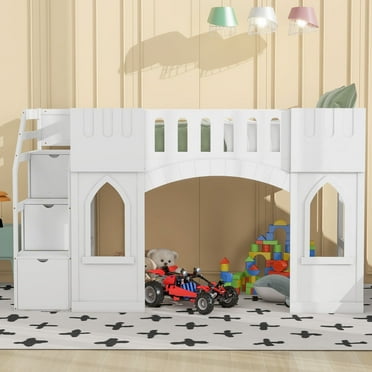 Mikeor Furniture Twin Size Loft Bed with Storage Staircase and Window, White C4BAAK