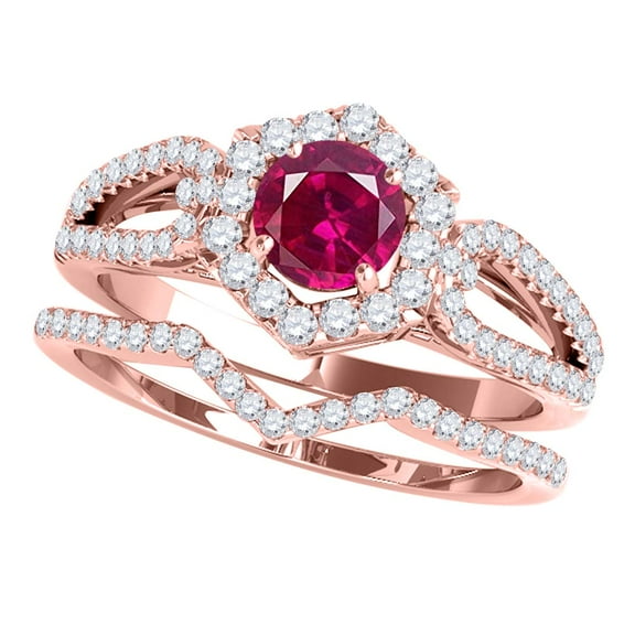 Aonejewelry 1.35 Ct. Ttw Halo Created Ruby and Diamond Bridal Set In 14k Rose Gold