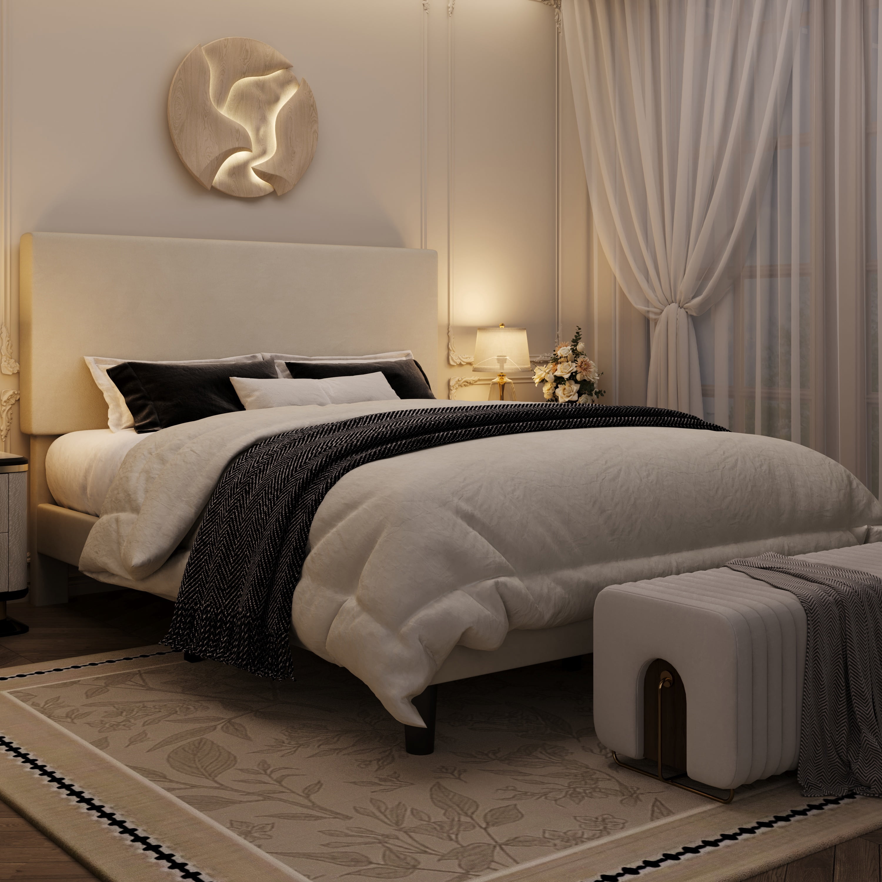 Amolife Queen Bed Frame, Platform Bed Frame with Upholstered Adjustable Headboard, Cream White, Velvet