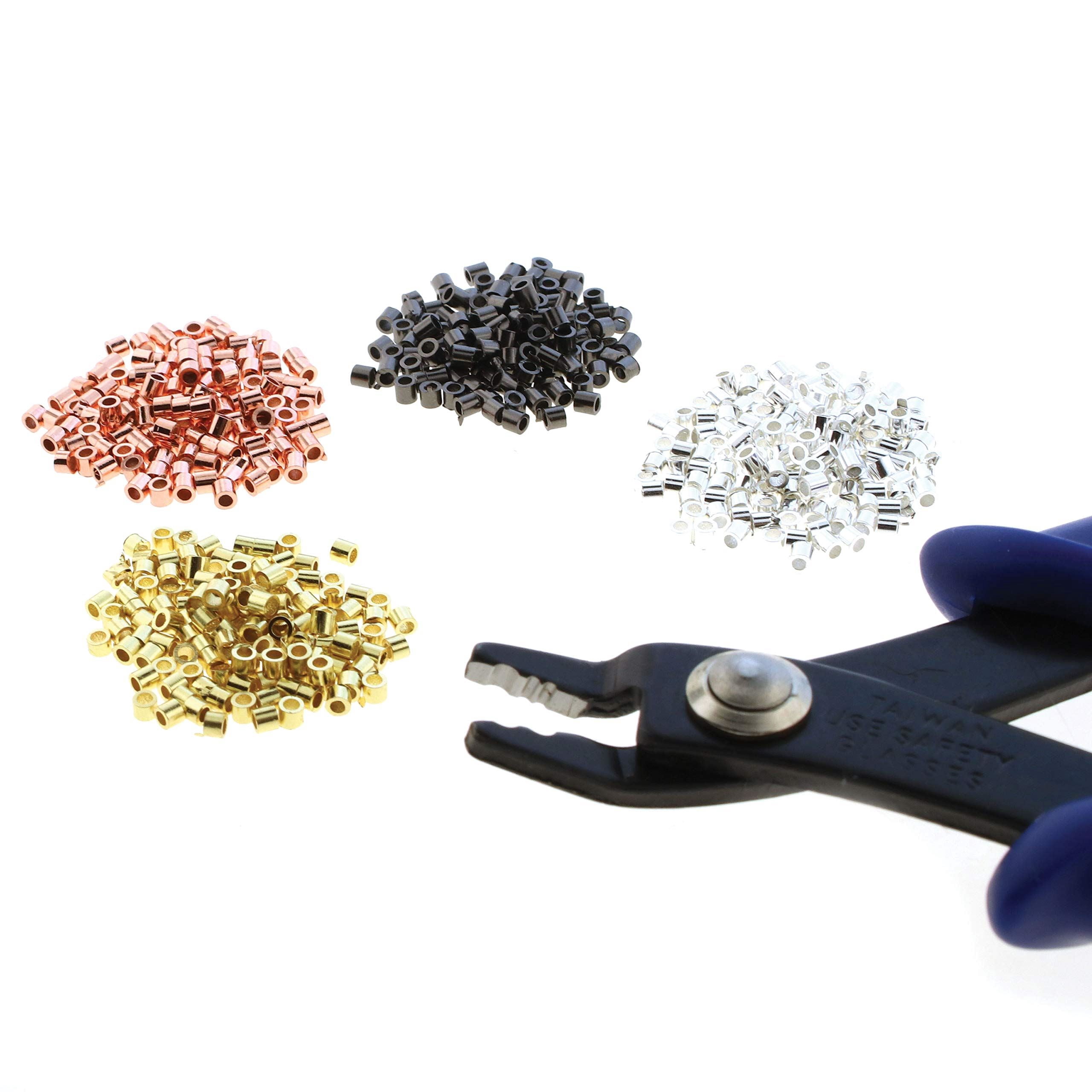The Beadsmith Crimping Set, Crimp Forming Pliers 5-1/8" and 500 Crimp Tubes, 2x2mm in Assorted Colors, Creates Smooth, Rounded Crimps Every Time, No Sharp Edges