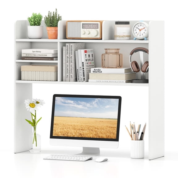 Furnibear Desktop Bookshelf Countertop Storage Hutch with 6 Shelves White, 37" x 9.5" x 33.5" - Open Storage Display Rack for Home Office