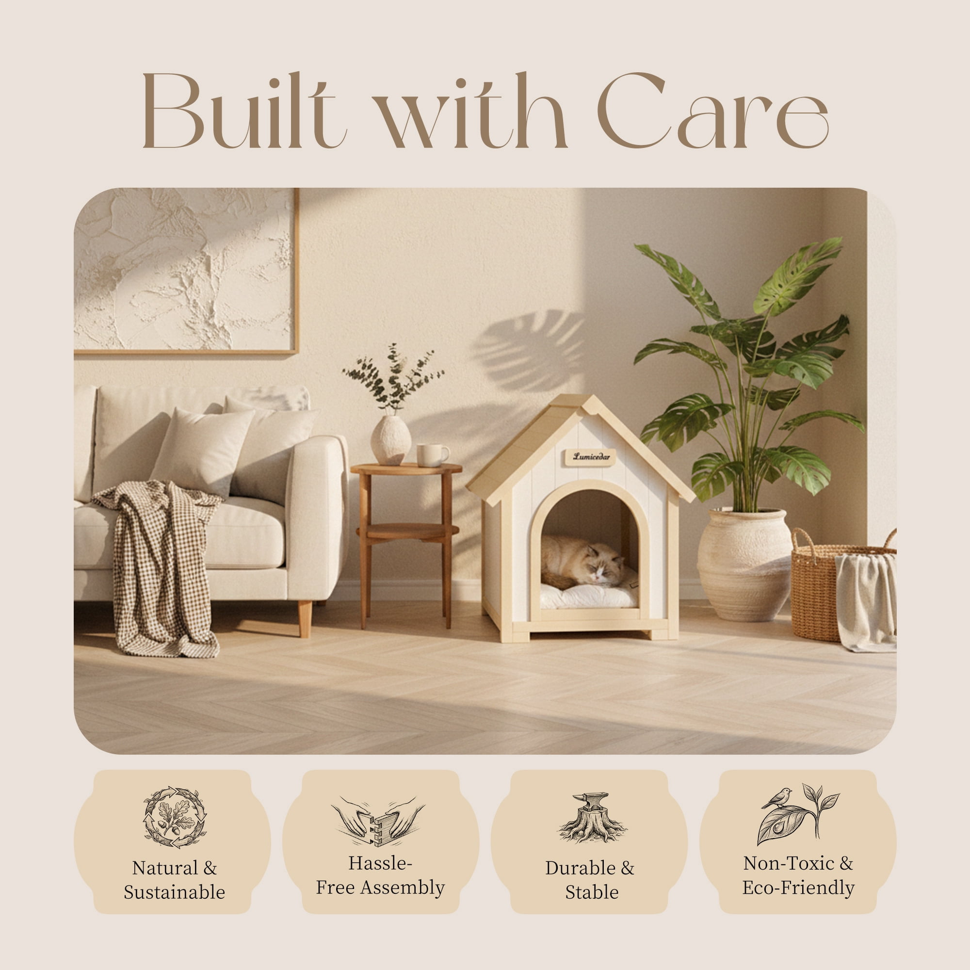 27.6'' FSC Certified Solid Cedar Wood Pet House - for Small Dogs & Cats,Arched Door & Soft Dog Bed,A-Frame Wooden Dog HouseWooden Dog Condo with Elevated Roof,Creamy White+Light Yellow