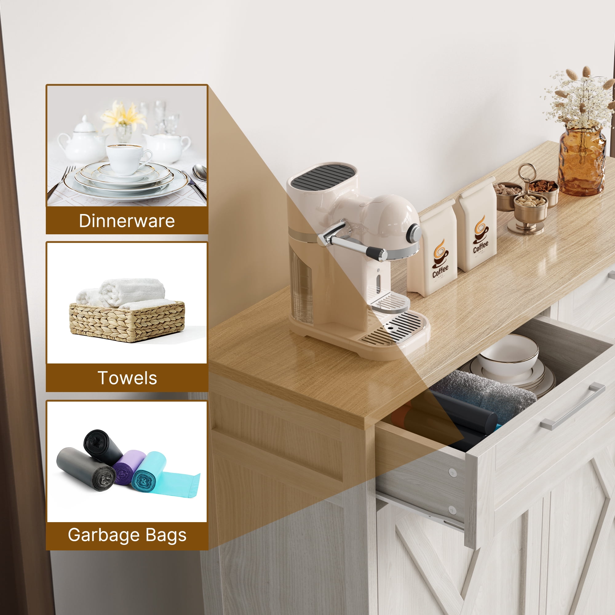 Uforic Buffet Cabinet with Drawer, Tilt Out Storage Cabinet for Double 10-gal Trash Bins, White