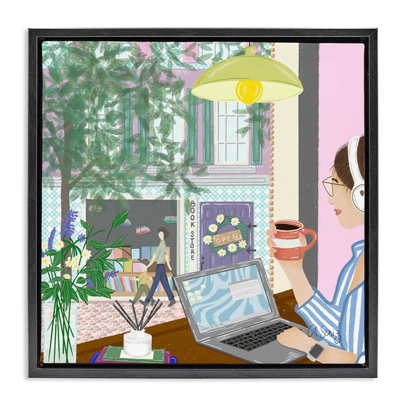 Stupell Industries Contemporary Relaxing Cafe in City Black Floating Frame Canvas Art, 25 x 25, by Ale Saiz Studio
