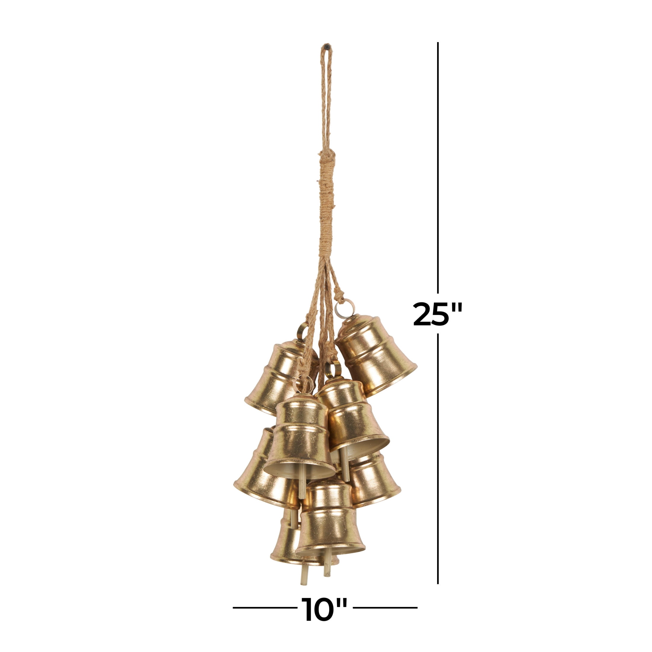 DecMode Tibetan Inspired Cascading Cluster Gold Metal Cluster Decorative Bells with 8 Bells on Jute Hanging Rope