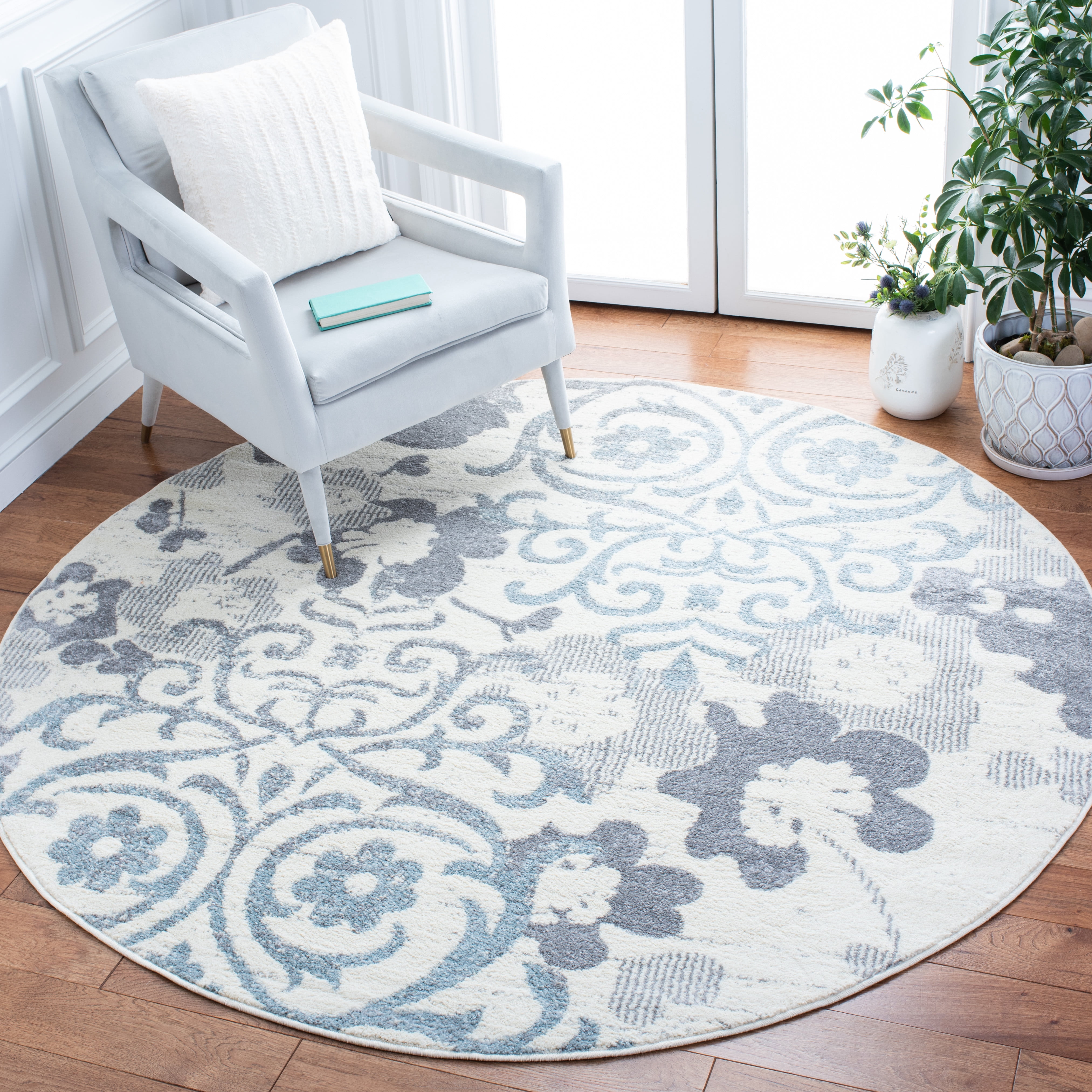 SAFAVIEH Adirondack Hortense Floral Area Rug, Ivory/Grey, 6'7" x 6'7" Round