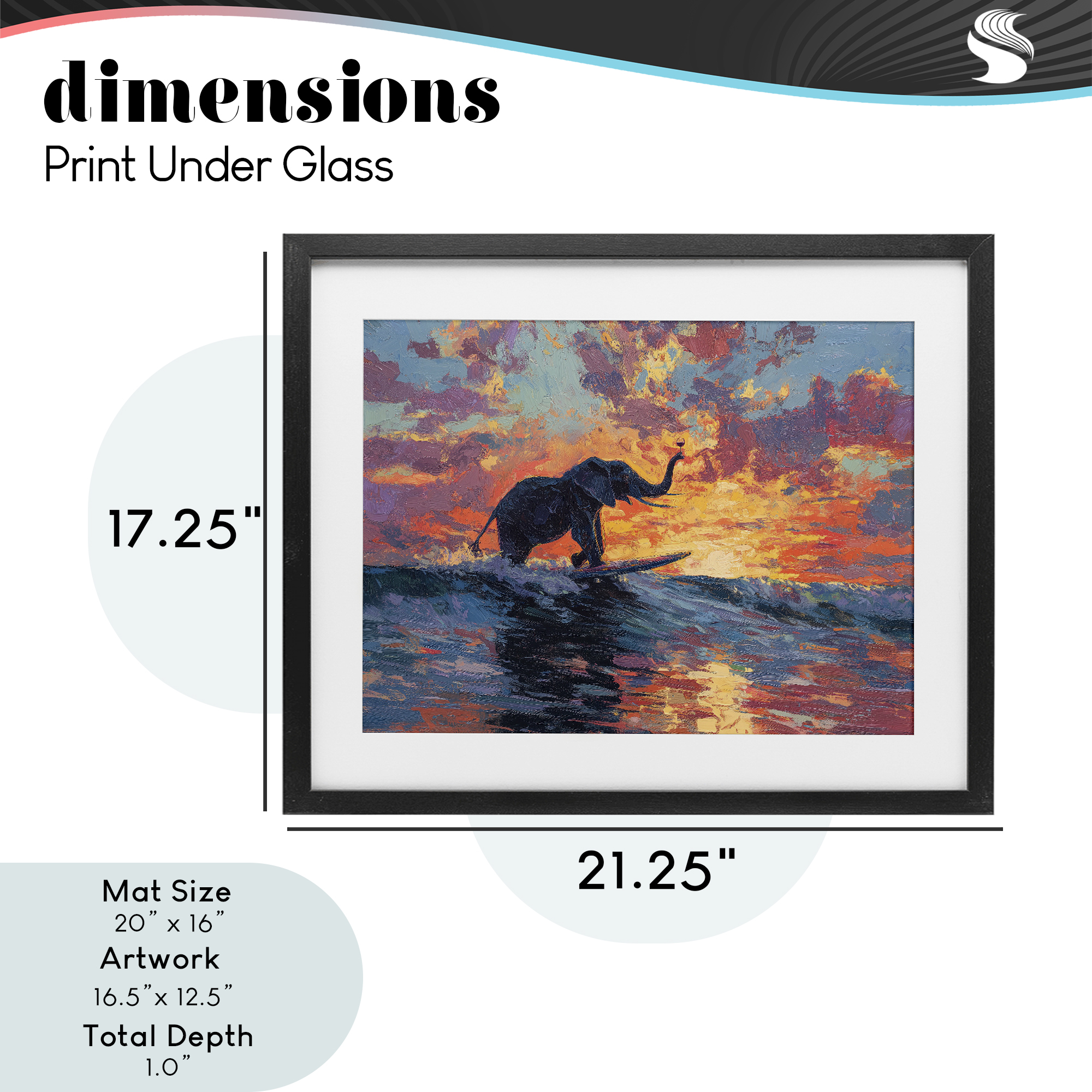 Sunset Surf Elephant Black Framed Print Under Glass, design by Ziwei Li