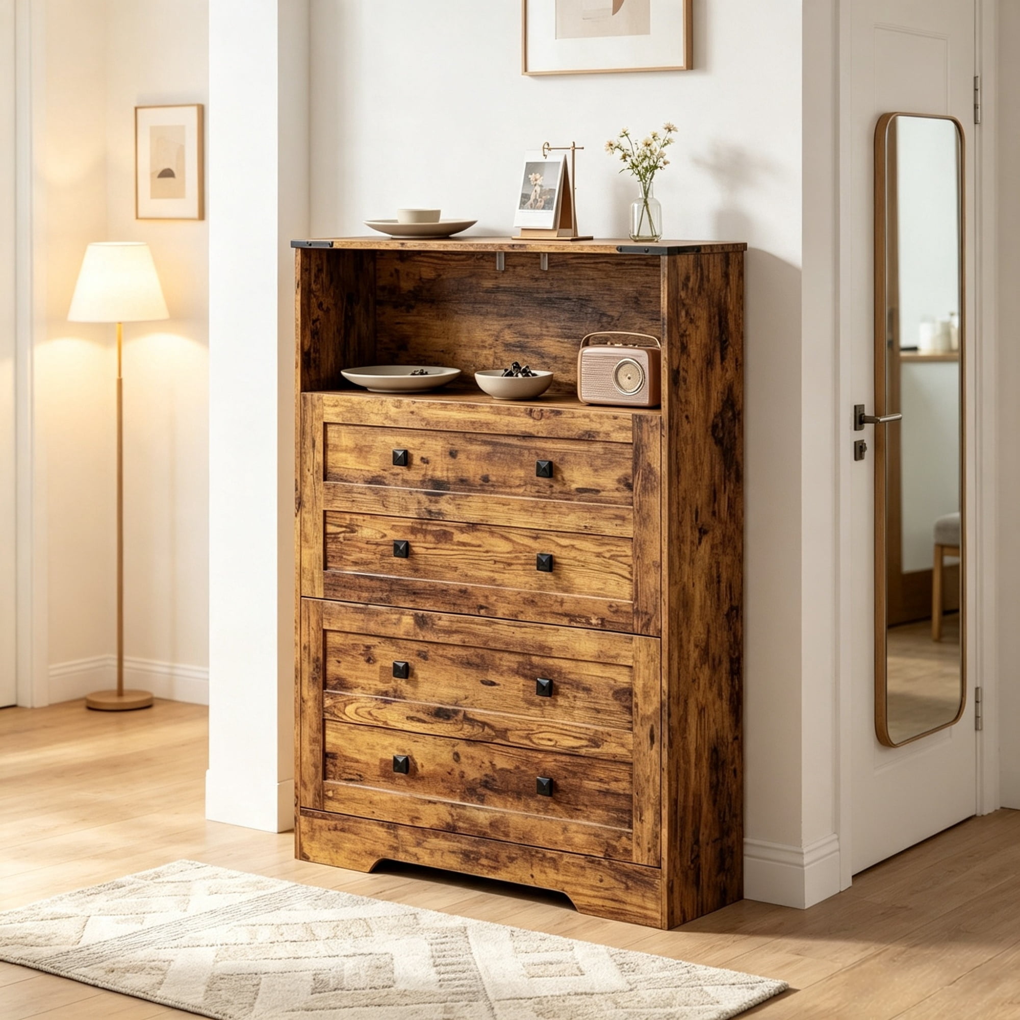 Narrow Shoe Storage Cabinet, 2 Flip Drawers Design, Space-Saving Shoe Rack, Rustic Brown