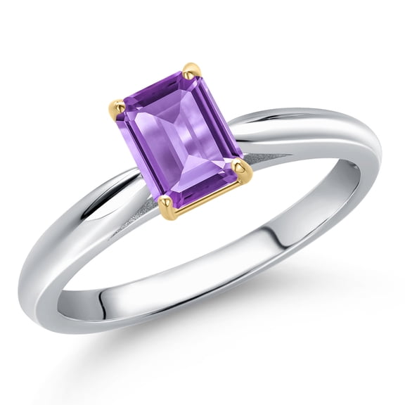Gem Stone King 10K Two Tone Gold Purple Amethyst Engagement Ring for Women | 0.52 Cttw | Emerald Cut 6X4MM | Gemstone February Birthstone | Size 6