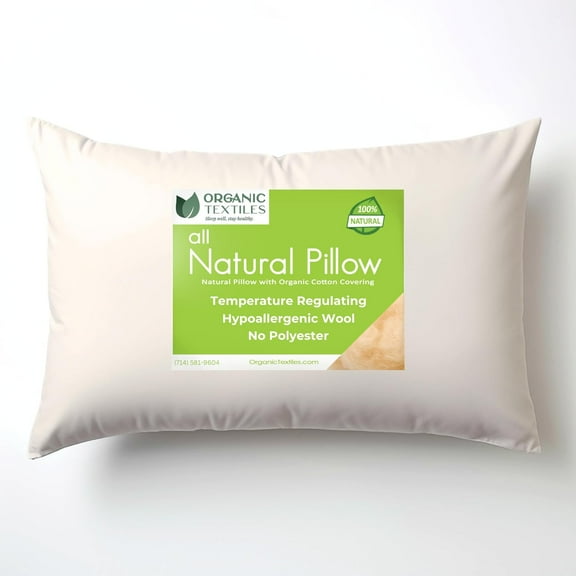 Natural Wool Filled Pillow with Organic Zipper Cotton Cover, Children Size, Medium Fill, GOTS Certified, 1 Pillow with Cover
