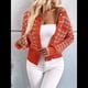 thumbnail image 5 of Blazer de A Cuadros para Mujer, Elegante, Informal, con Botones Al Frente, Cuello Redondo, Larga, Tejido Texturizado Naranja-Rojo XL, 5 of 10
