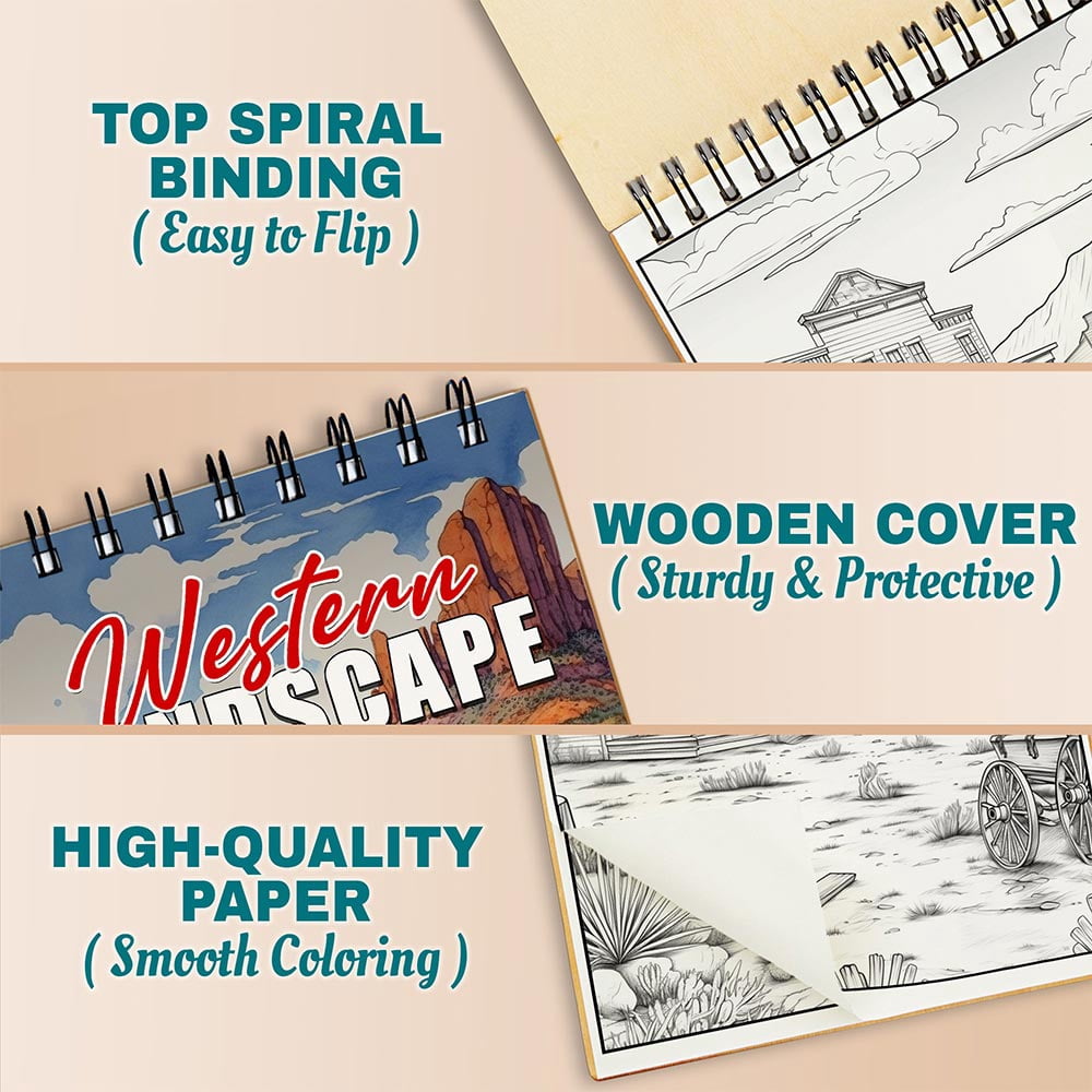 Western Landscape Coloring Book Spiral Bound For Adults, A5 Wooden Cover, 30 Beautiful Coloring Pages in Wild West Scenery for Stress Relief and Relaxation