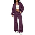 thumbnail image 3 of Women's 2 Piece Zip Up Sweatshirt and Jogger Set, Solid Color Casual Set, Loungewear Outfit, Drawstring Waist Tracksuit, Two Piece Activewear Set Purple XXL, 3 of 9