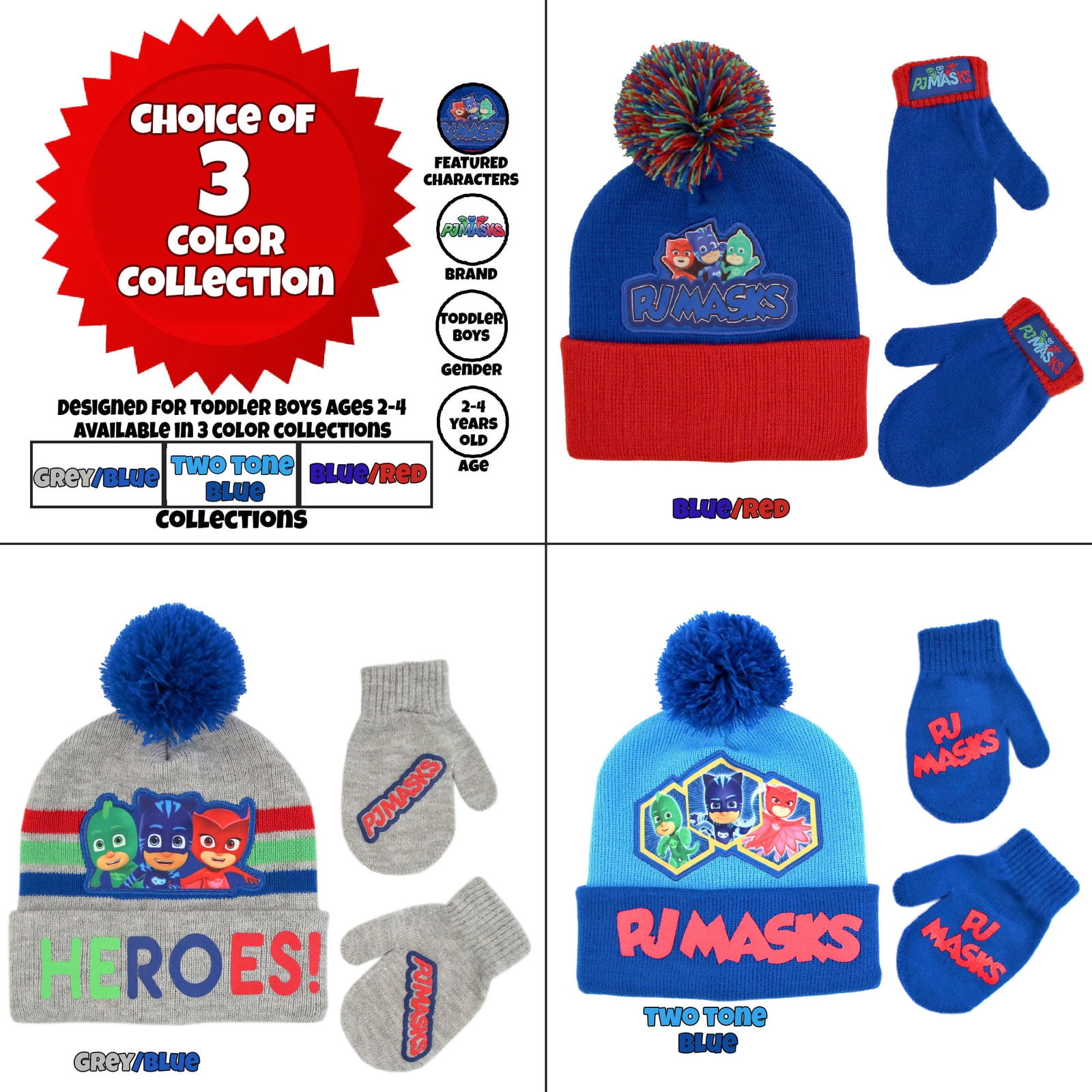 PJ/_Mask Licensed Toddler Cold Weather Beanie Set Hat /& Mittens Blue