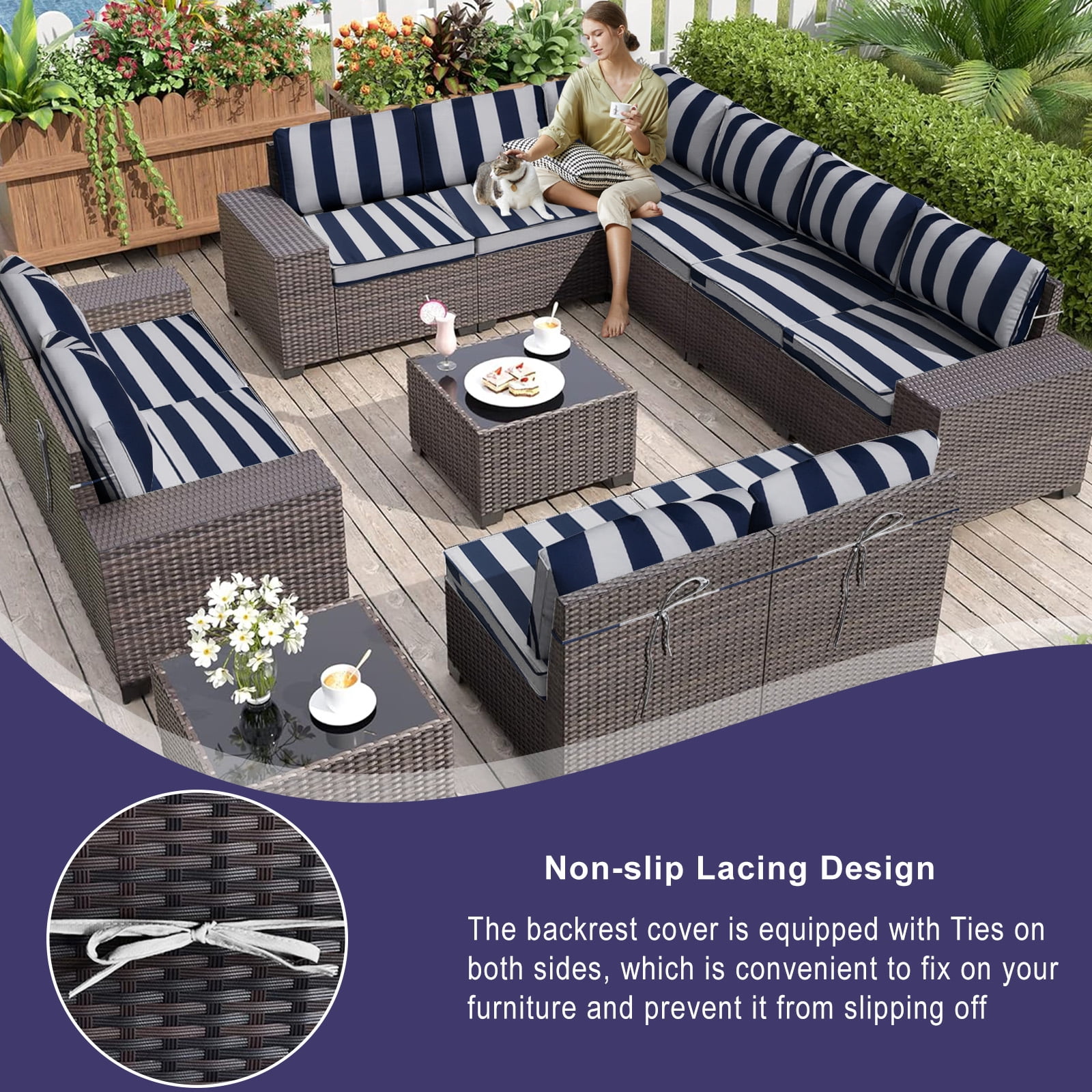 Outdoor Replacement Cushions for Patio Furniture,14-Piece Patio Water-Resistant Replacement Sofa Cushions Fits 6-seat Sectional Rattan Conversation Set,Liner&Cover