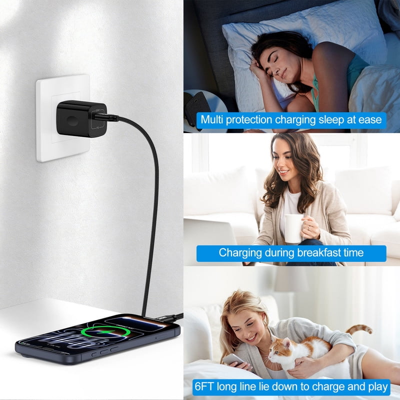 2 Pack PD 20W Fast Wall Charger Block, 20W Phone Charger with 6FT Type C Charger Block Cables, Compatible with iPhone 17/16/15 Pro Max iPad Pro Galaxy S26 Android,Black
