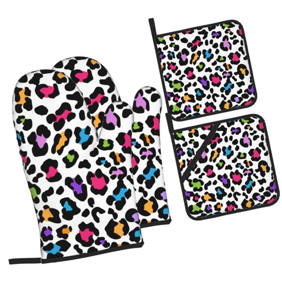 LAKIMCT Rainbow Leopard Print Oven Mitts and Pot Holders Sets Non-Slip Potholders Heat Resistant Oven Gloves for Kitchen Baking Cooking BBQ, 4-Piece Set