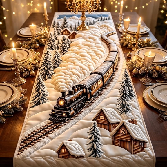 Christmas Style 3D Realistic Raised Quilted Table Runner, 14"x48" Winter Train Print Soft Hemmed Edges Washable Farmhouse Rustic Home Decor for Dining Table Kitchen Christmas Holiday Party Ideal Gift