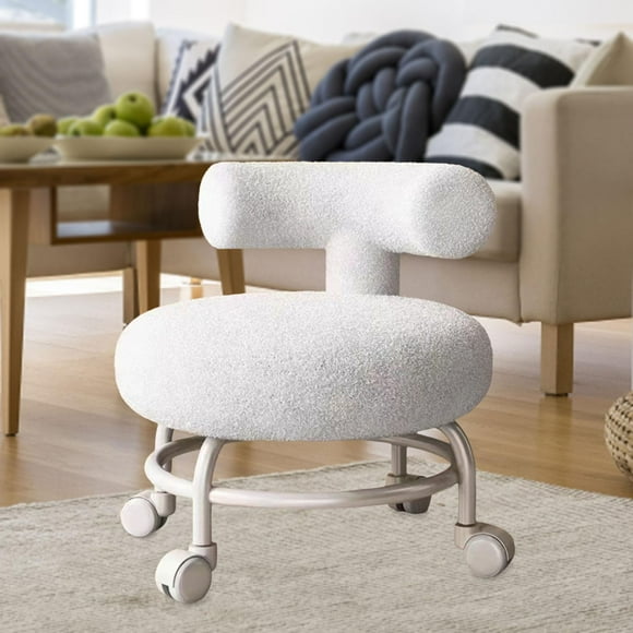 Rolling Stool with Backrest Rotatable Movable Chair for Home Entryway Sturdy White
