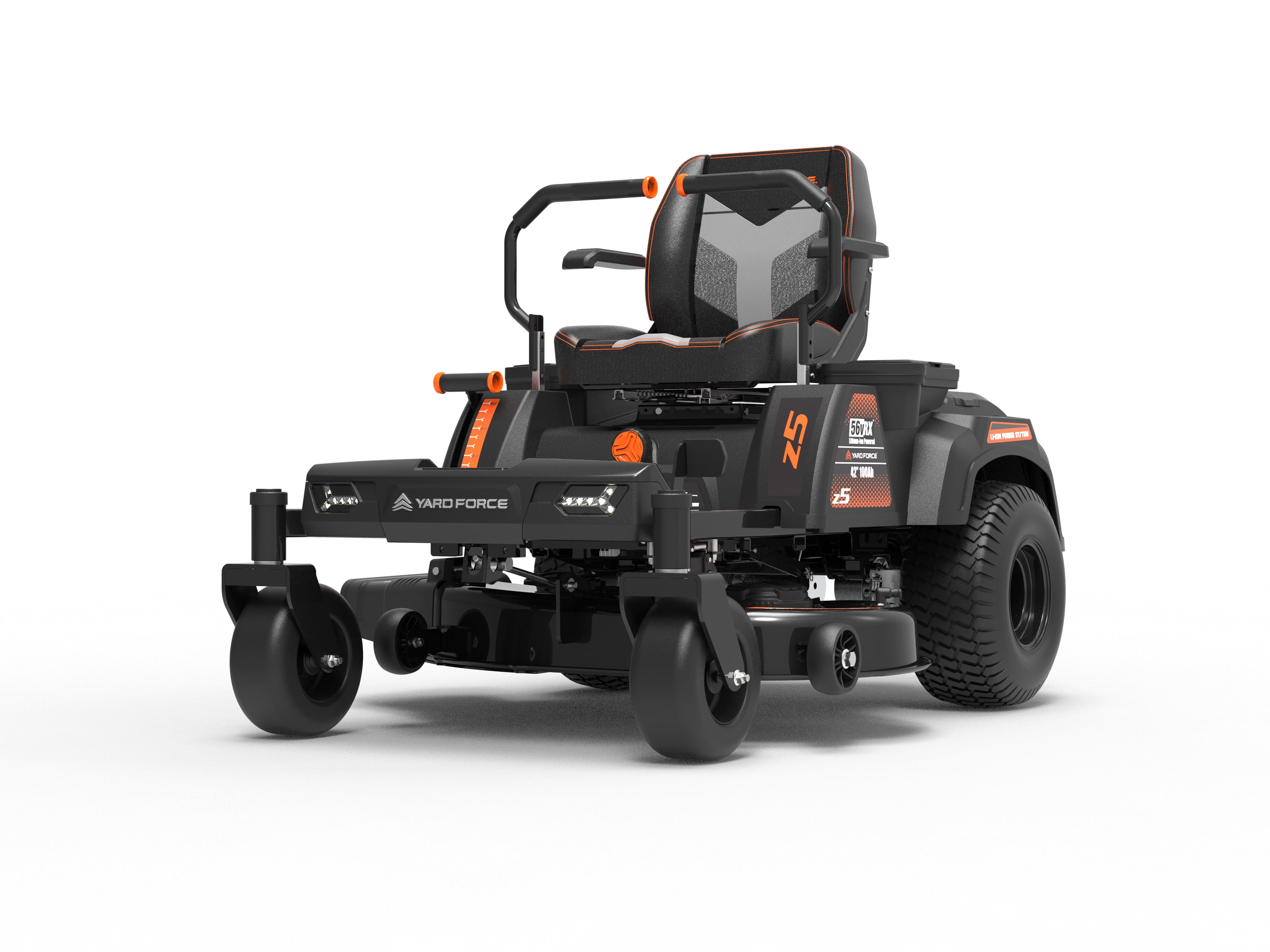 Yard Force YF56vRX Z42-562 42-Inch Zero Turn Mower, 56V Battery, 4-Acre Range, 3-in-1 Cutting, 5-Inch LCD, Plush Seat w/ Armrests, LED Lights, USB Charger, Rear Hitch Mount